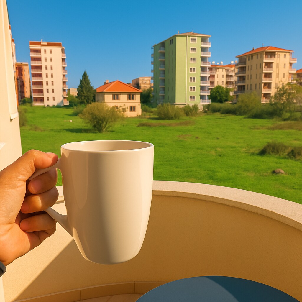 A hand holds a white mug on a balcony ledge, overlooking a green field with several apartment buildings in the background. The scene is bathed in natural light, reflecting a clear blue sky and lush surroundings.
