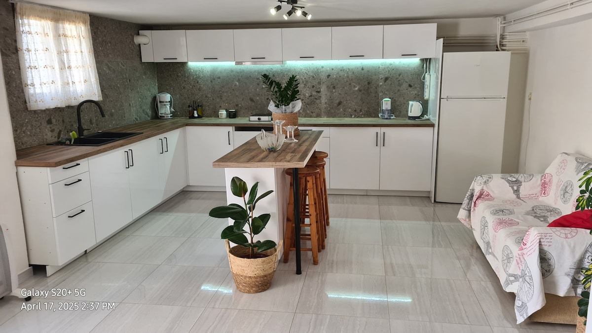 A clean, modern kitchen area features sleek white cabinetry and a central wooden island with stools. A full-size fridge and various appliances are visible, complemented by stone walls and soft lighting. A decorative plant adds a touch of greenery to the space.