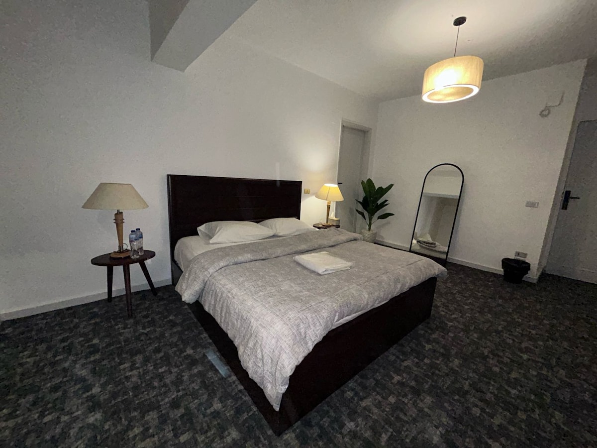 A spacious bedroom is showcased with a large bed topped with light bedding. A mirror and a plant stand provide subtle decor. Soft lighting is cast by a pendant lamp and a bedside lamp, creating a calm and tranquil setting.