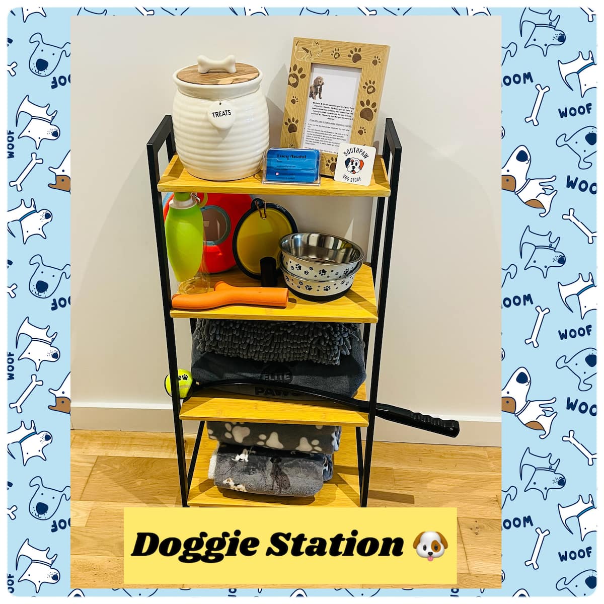 Doggy station with water bowl, toys, towels and blankets for dogs