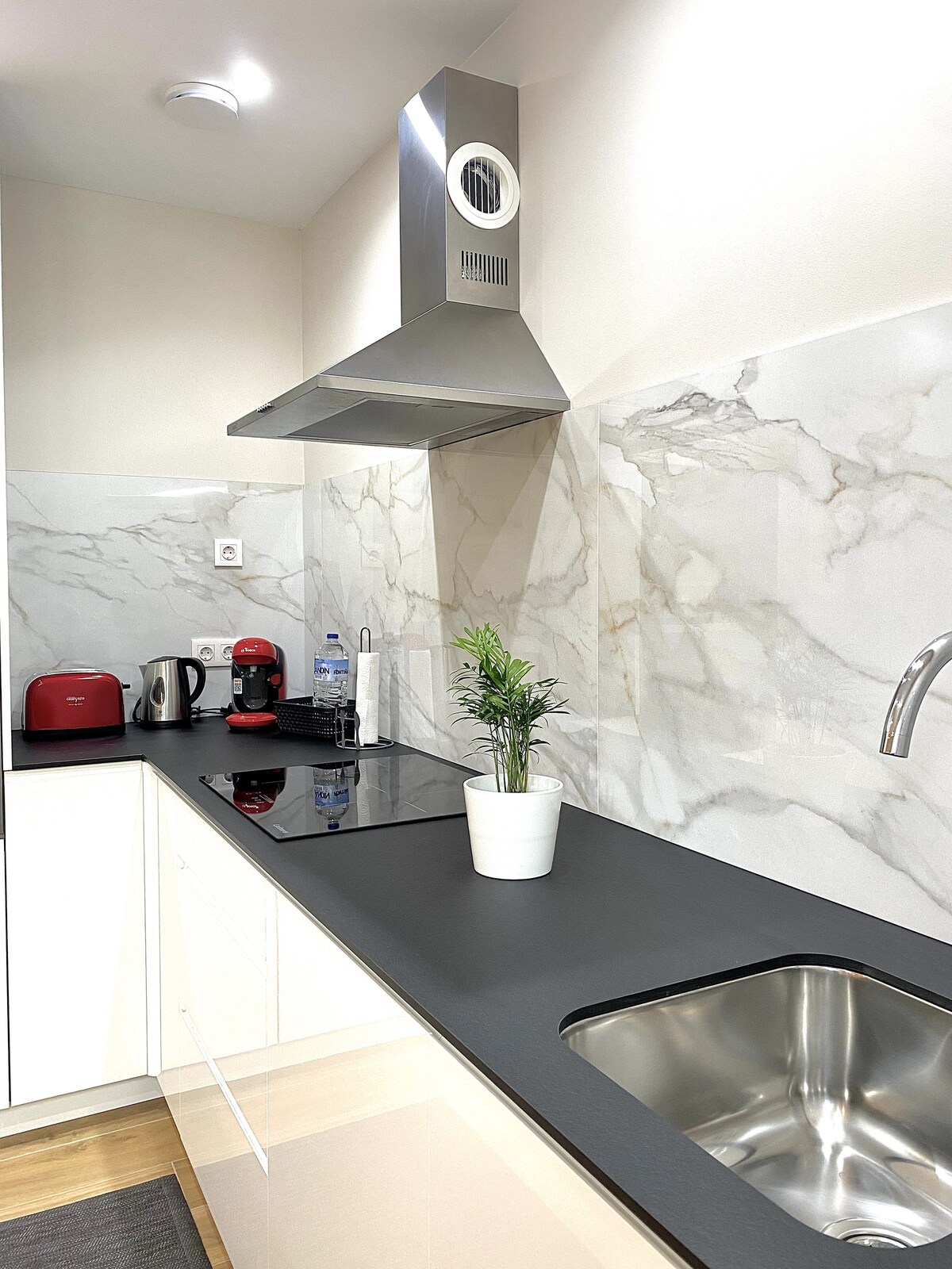 A modern kitchen is presented with sleek black countertops and marble-patterned backsplash. A stainless steel sink and a range of appliances, including a kettle and coffee maker, are arranged neatly. A small potted plant adds a touch of greenery to the space.