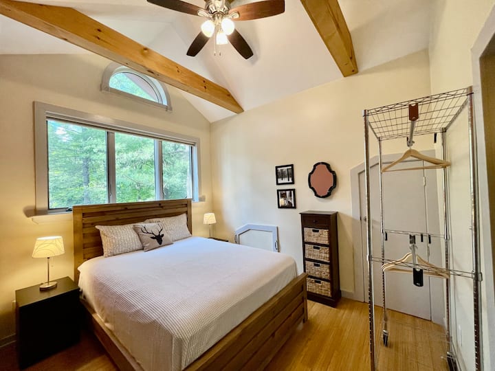 Exposed beams make this space cozy.