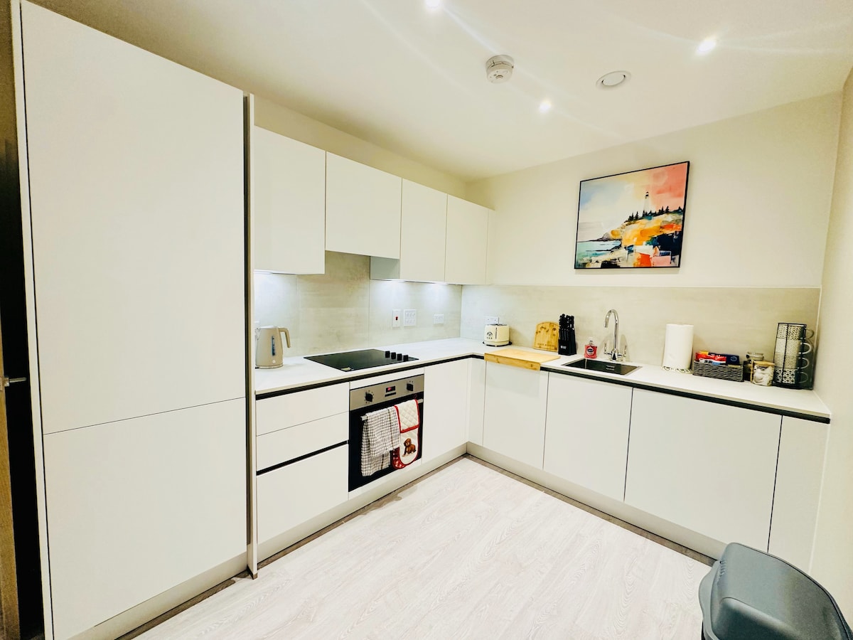 A modern kitchen is equipped with sleek white cabinetry, a black cooktop, and an integrated oven. A colorful artwork adorns the wall, while counter space includes a kettle, toaster, and utensils. Soft under-cabinet lighting highlights the minimalist design and functionality.