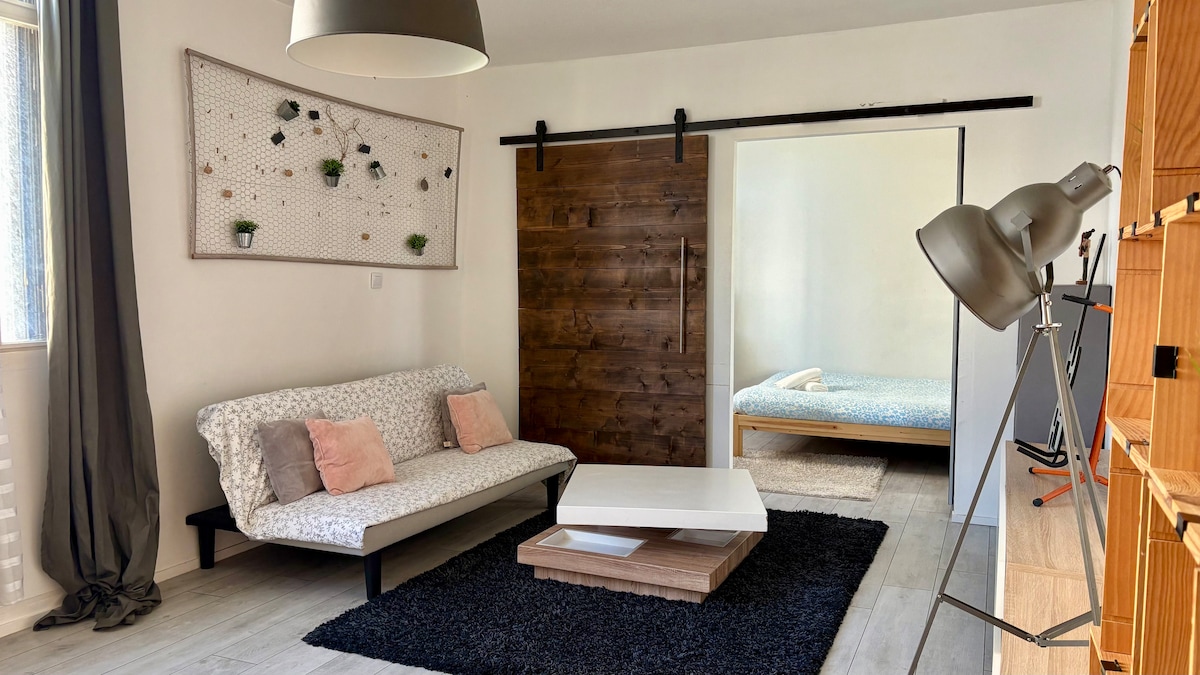 A bright living area features a comfortable sofa with decorative pillows, a white coffee table, and a textured black rug. A wooden sliding door leads to a sleeping area, while a large floor lamp adds a modern touch. Light enters through a window, enhancing the space.
