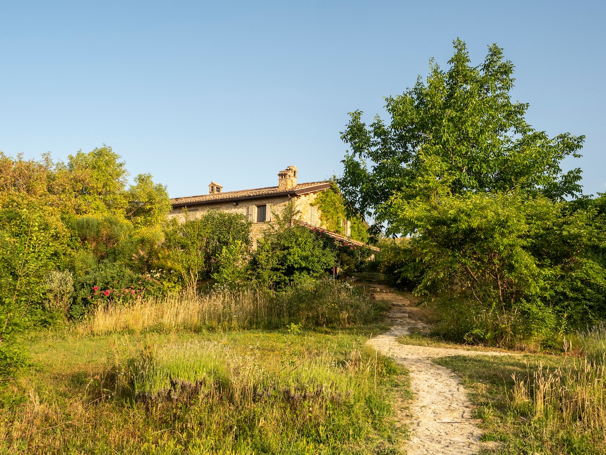 A rustic stone building is surrounded by lush greenery and flowering plants. A winding dirt path leads up to the entrance, inviting visitors to explore the tranquil rural setting under a clear blue sky.