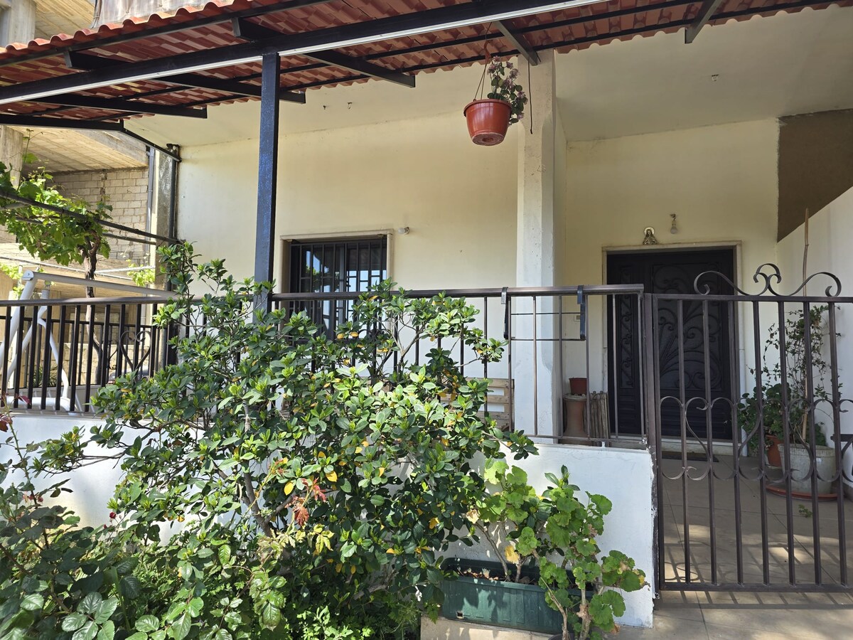 A covered outdoor terrace is visible, featuring green plants and a small potted flower hanging from the roof. The terrace is bordered by a wrought iron railing and leads to two doors, indicating entry points to the interior of the home.