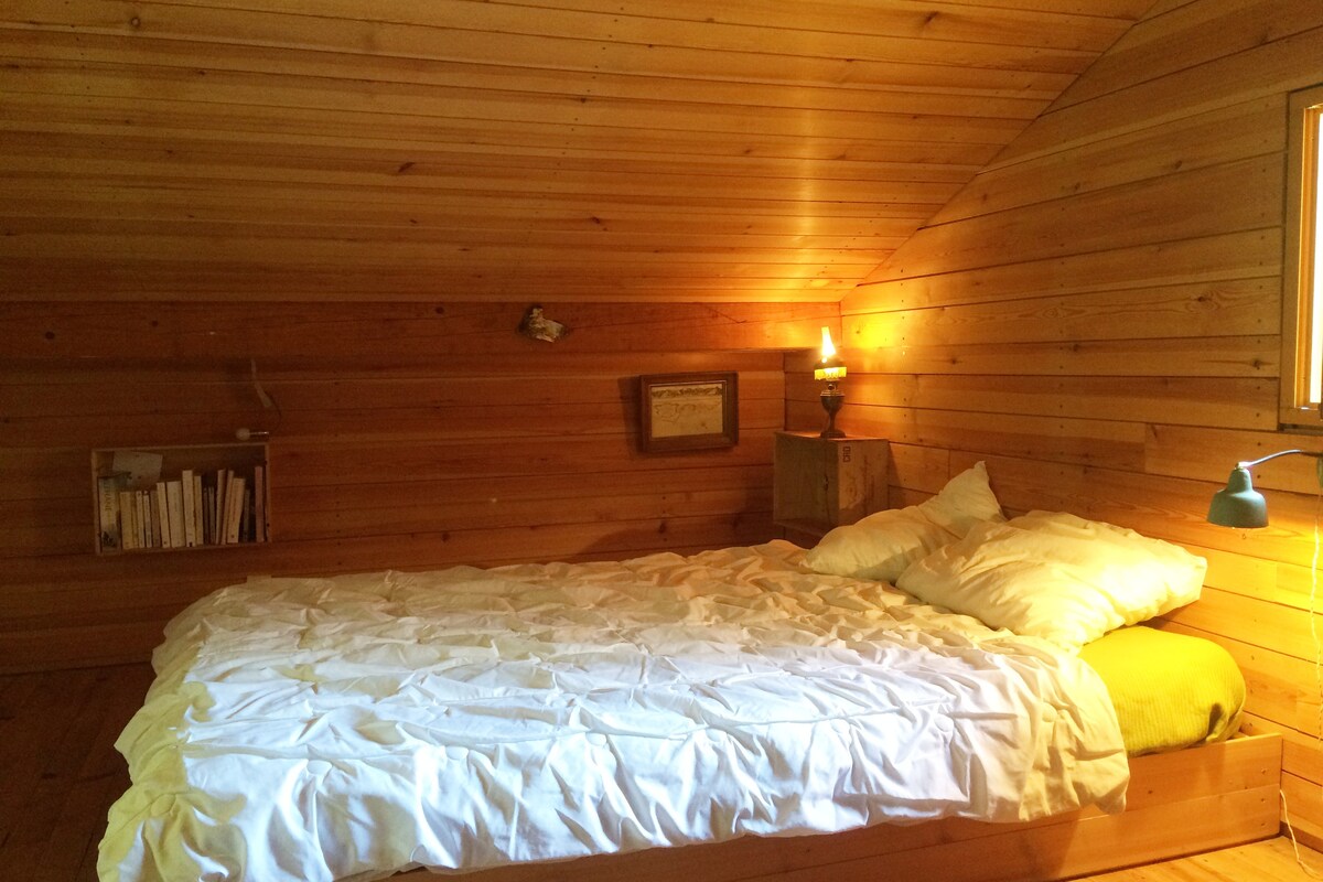 חדר שינה עם מיטה זוגית מתחת לגג