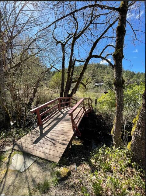 A wooden bridge, characterized by its red color, spans a small creek. Surrounding greenery includes leafy trees and shrubs, complementing the natural landscape. Bright blue skies can be seen overhead, contributing to a serene outdoor scene.