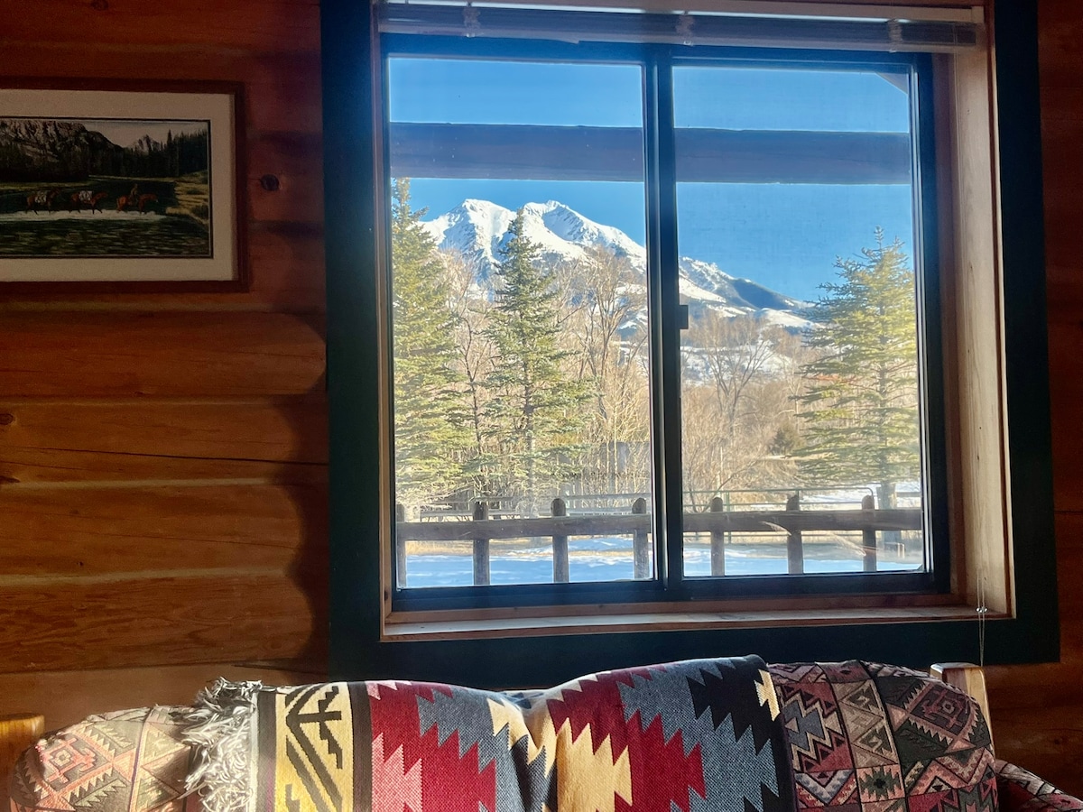 A large window offers a view of snow-capped mountains and tall trees outside. Sunlight streams into the cabin, illuminating a cozy sitting area adorned with a patterned blanket on the sofa. A framed artwork hangs on the wooden wall, enhancing the rustic charm.
