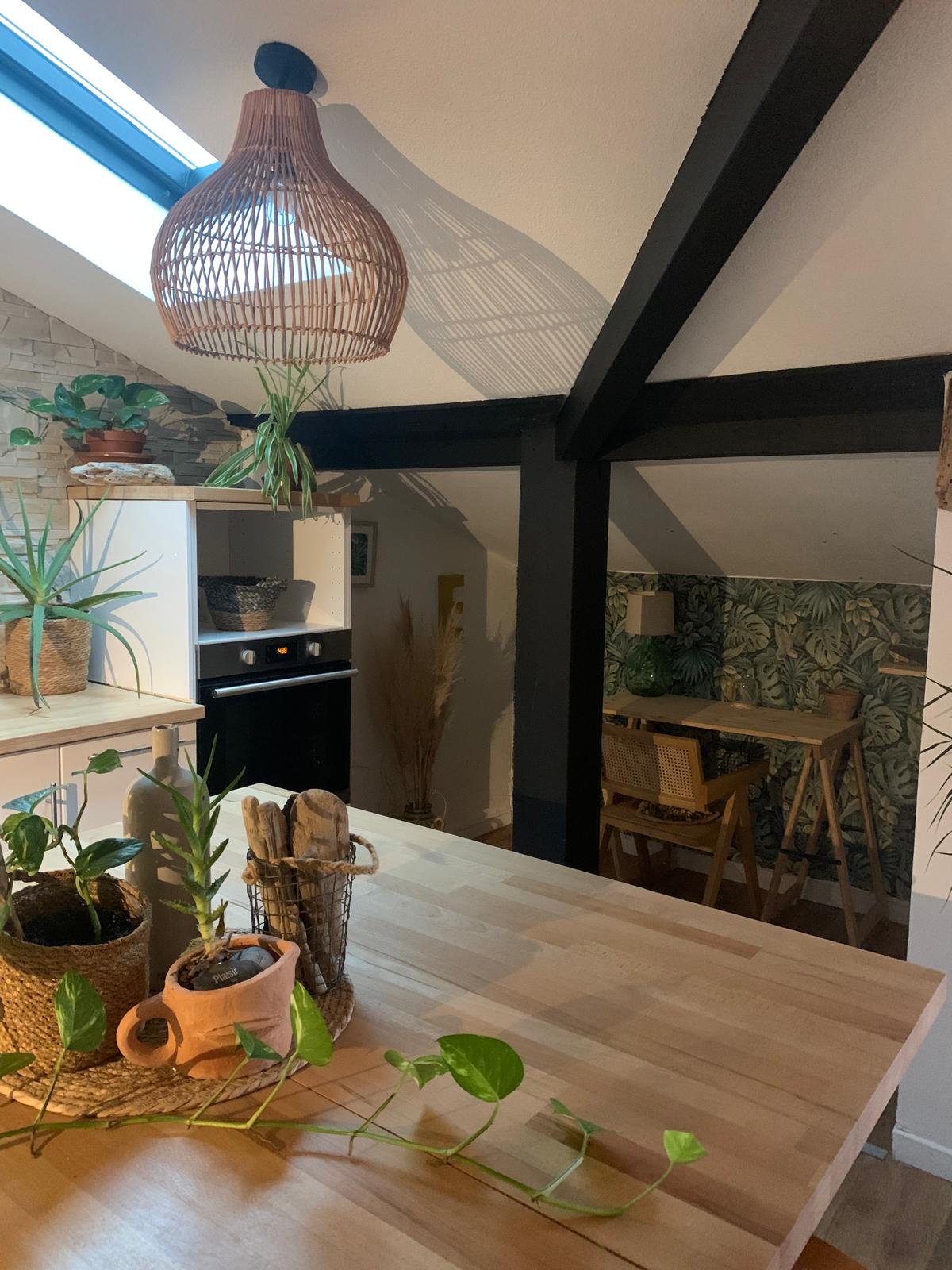 A well-lit kitchen area features a wooden countertop adorned with potted plants and rustic utensils. A woven light fixture hangs from the ceiling, accentuating the exposed beams. In the background, a dining space is visible, framed by a wall adorned with tropical foliage.