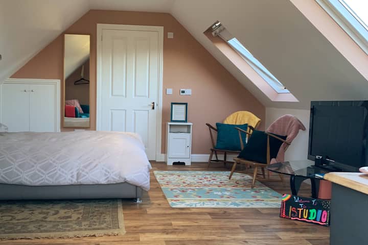 Garsónka pri vstupe s dverami do kúpeľne vzadu. Dve stoličky z polovice storočia, pohovka, manželská posteľ King, komoda, televízor, chladnička a čaj a káva. 