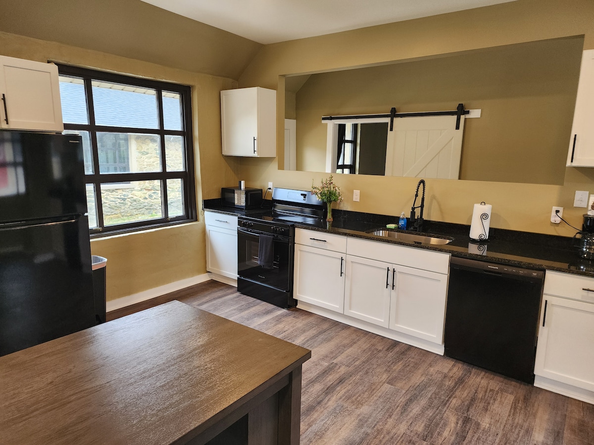 A well-equipped kitchen features modern black appliances, including a refrigerator and stove. Light-colored cabinets are complemented by a dark granite countertop. A large window allows natural light to fill the space, and a wooden island is positioned in the foreground.