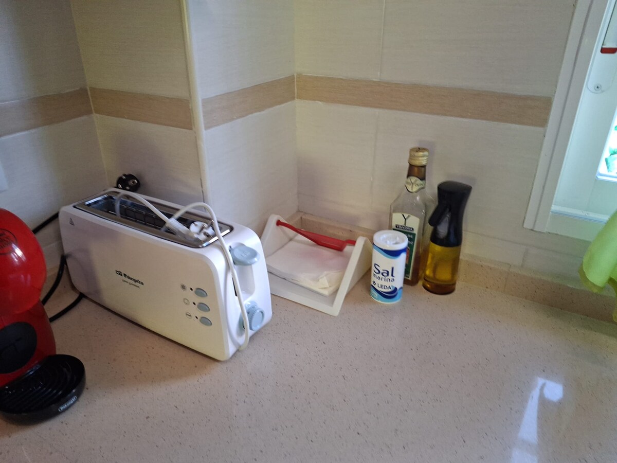 The countertop features a white toaster alongside a red coffee maker. A small tray holds a bottle of cooking oil and a canister of salt, with an additional black spray bottle nearby. Natural light enters through a window, illuminating the arranged items.