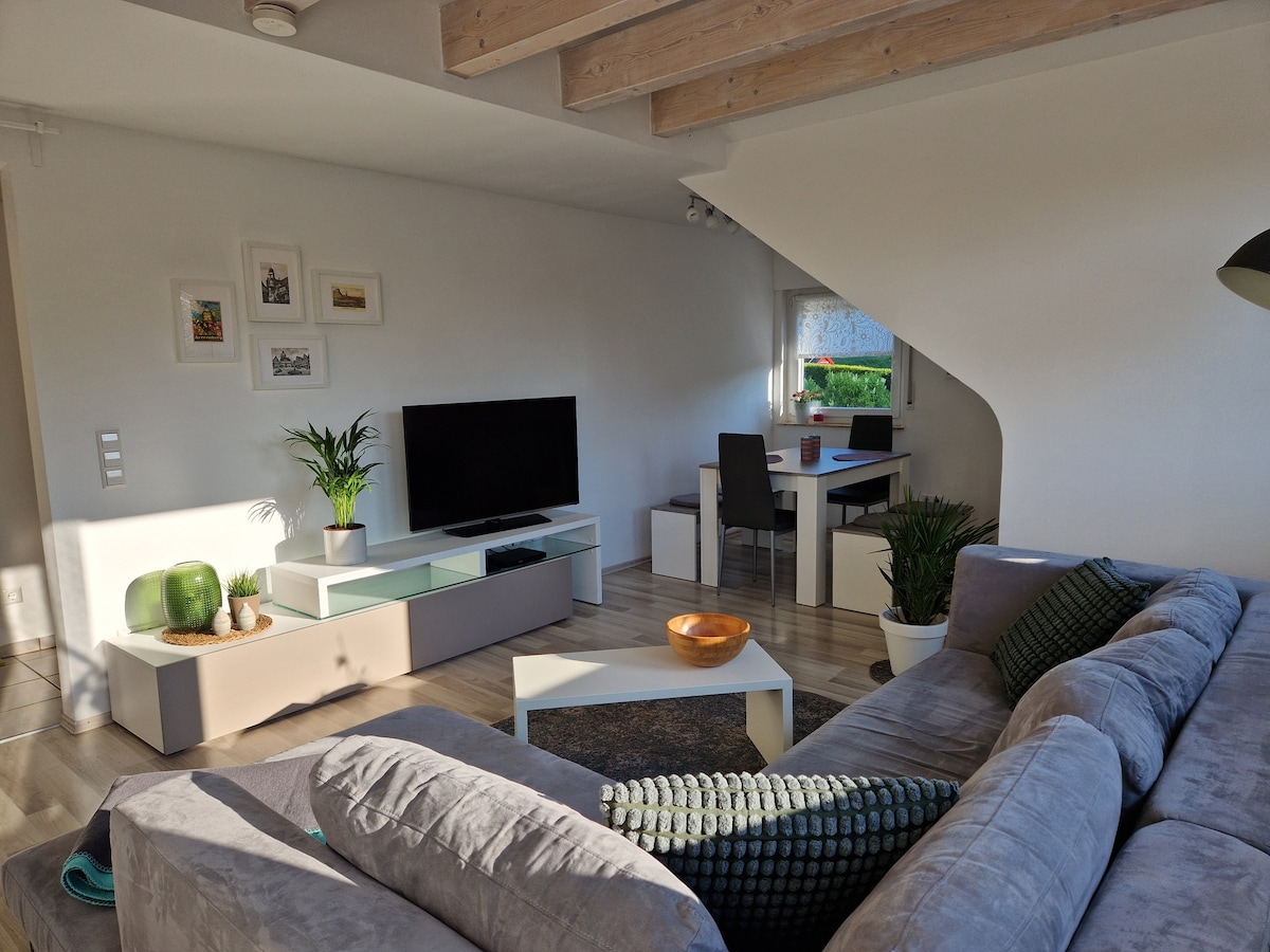 A modern living area features a spacious sectional sofa paired with a light coffee table. A flat-screen TV is positioned on a low console beneath framed artworks. A small dining table and chair are situated by a window, while potted plants add touches of greenery.