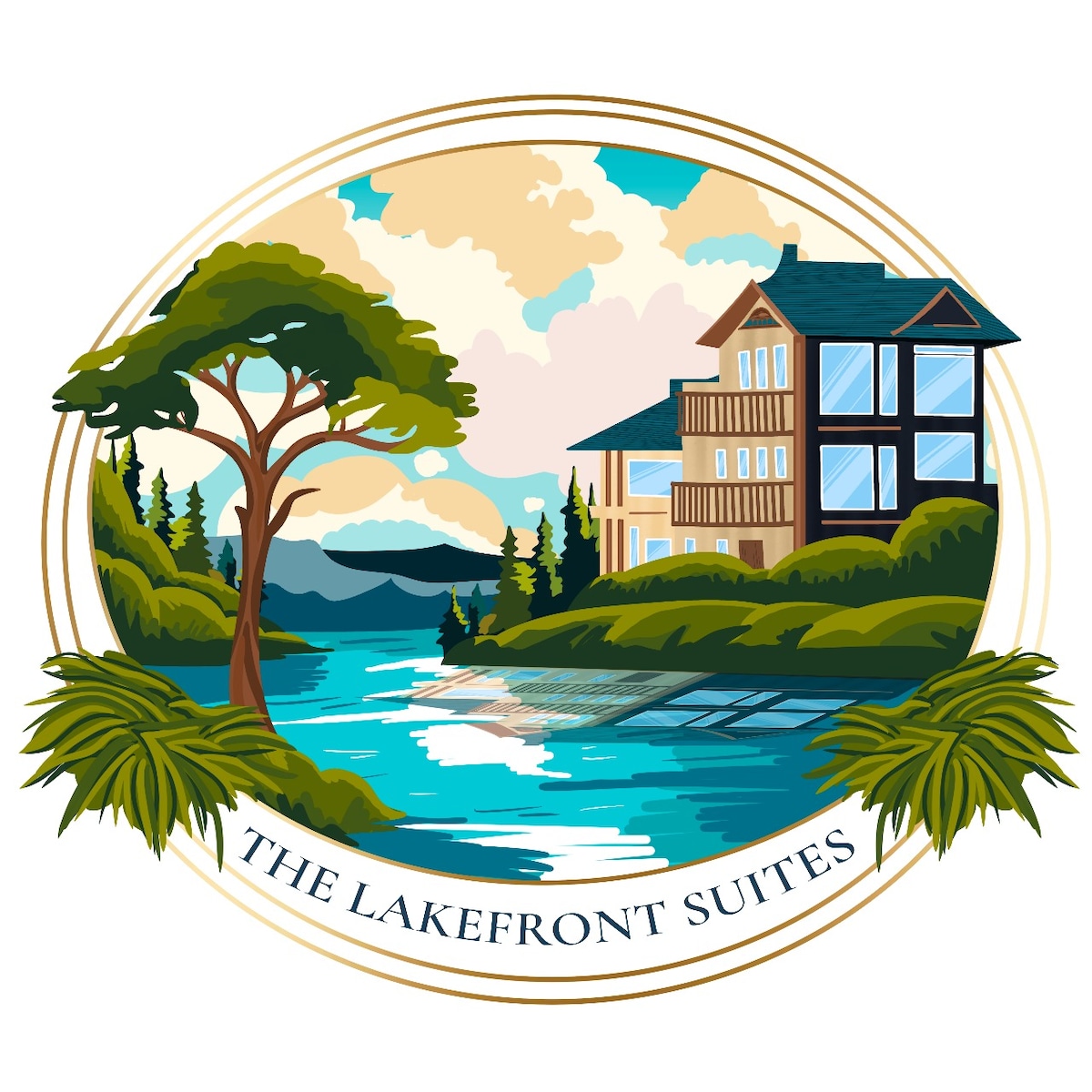 A stylized representation of The Lakefront Suites is presented, featuring a serene lakeside setting. The vibrant landscape includes a tree in the foreground, a view of the lake, and a two-story building with a mix of wood and glass elements, surrounded by lush greenery and distant hills.