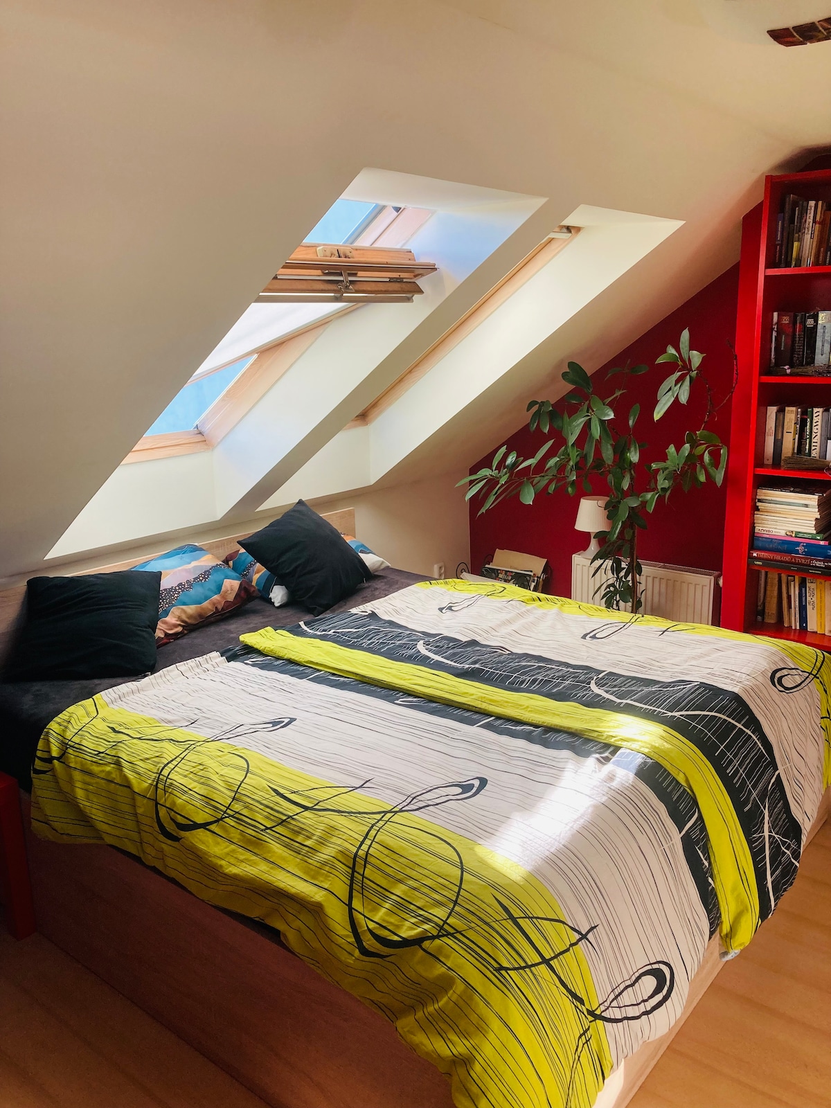 A bright sleeping area features a spacious bed covered in a patterned duvet with yellow accents. A large window with a wooden frame allows natural light to enter, while a potted plant adds a touch of greenery against the red wall. Bookshelves are positioned nearby.