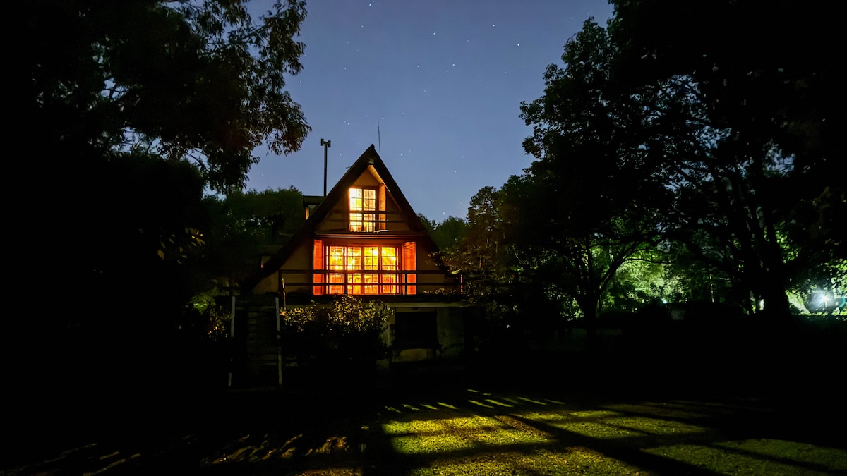 The two-story alpine house is illuminated at night, showcasing warm light from multiple windows. The surrounding trees create a serene environment, while starry skies above enhance the tranquil ambiance. Shadows are cast on the ground, highlighting the landscape's natural features.