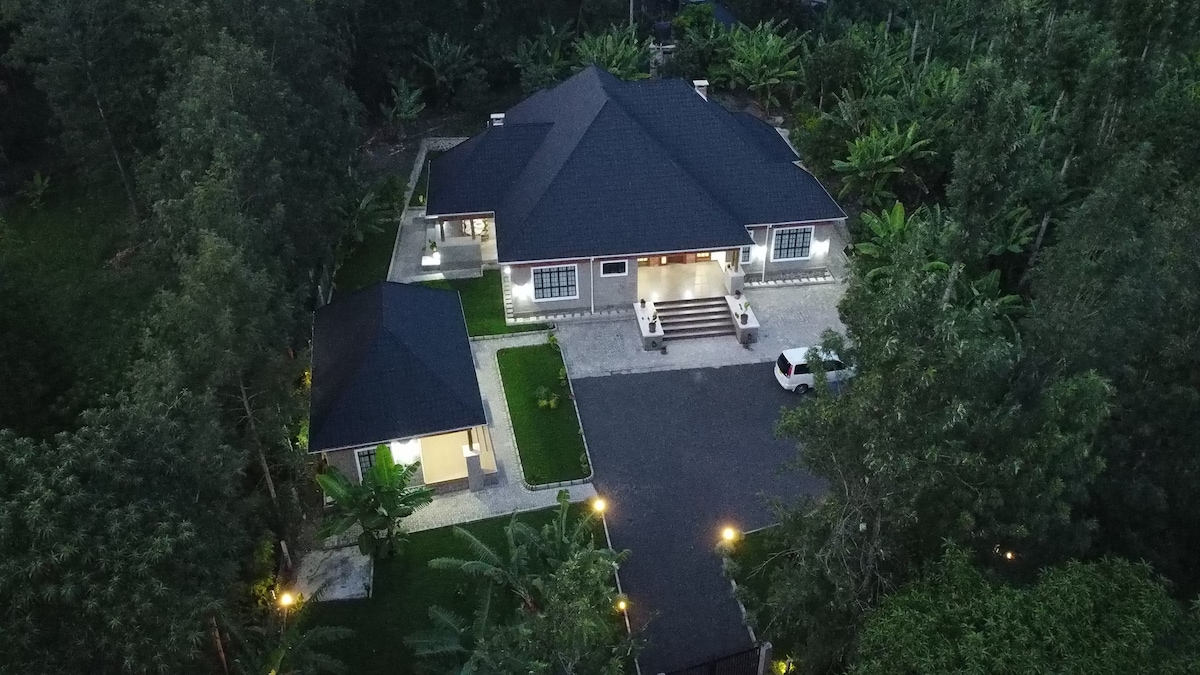 An aerial view reveals a large villa surrounded by lush greenery, highlighting a black roof and well-manicured grounds. Outdoor pathways lined with lights guide to entrances, while a vehicle is parked in the driveway, providing a sense of accessibility and comfort.