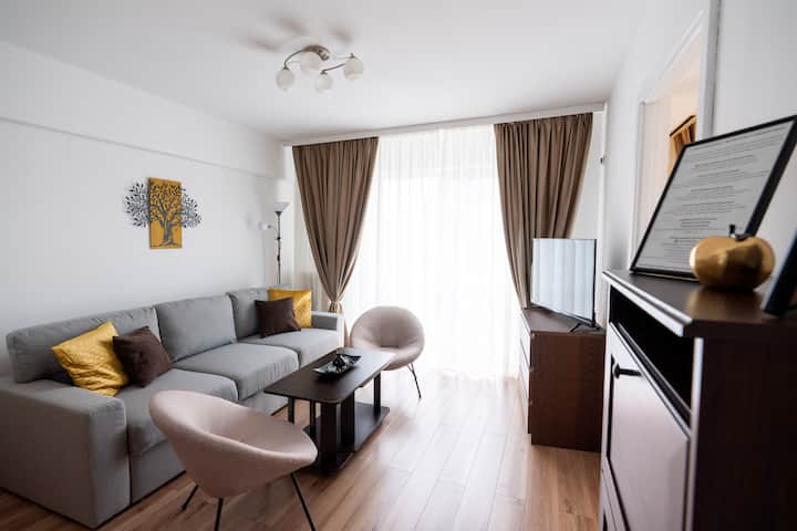 Მისაღები ოთახი გასაშლელი გასაშლელი დივნით, რომელშიც შესაძლებელია 2 ადამიანის განთავსება, 2 კომფორტული სკამი, სმარტ-ტელევიზორი, უჯრის პატარა გულმკერდი და ფეხსაცმლის კარადა.
Აივანზე გასასვლელი კარი.