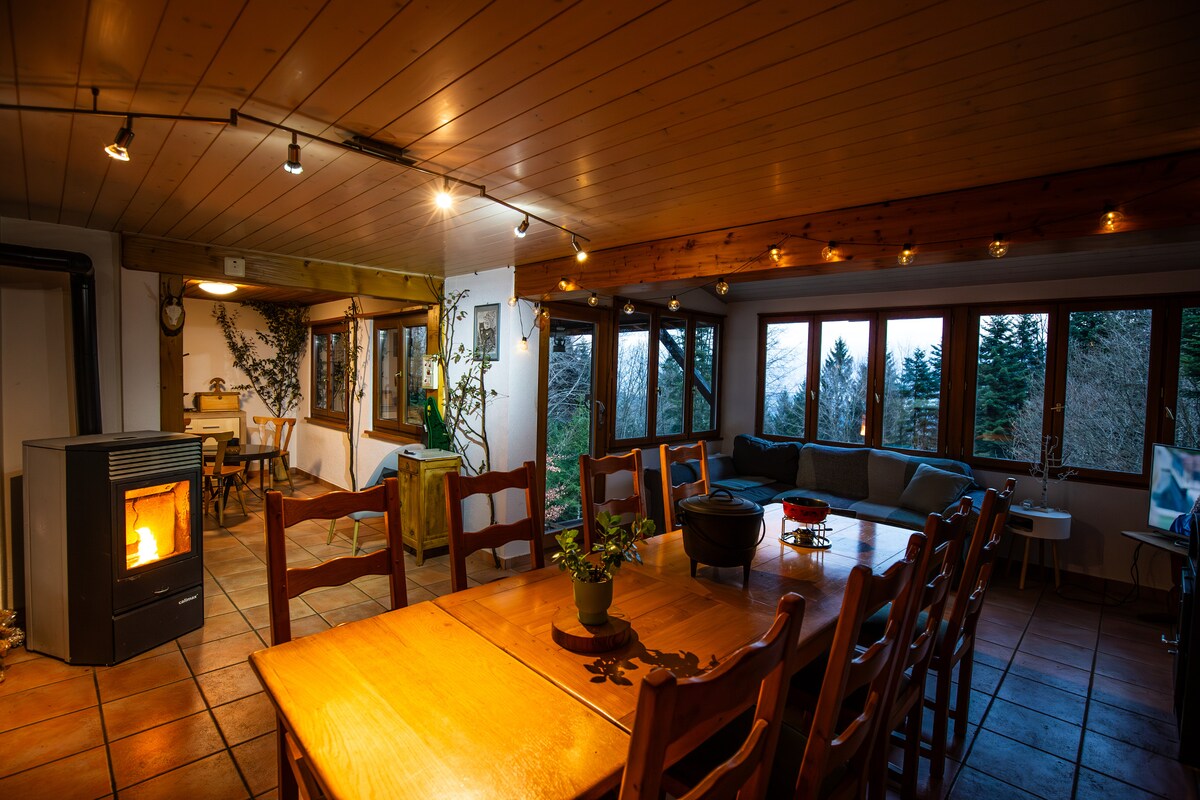 A spacious living area features large windows that provide natural light and views of the surrounding nature. A dining table with multiple chairs is positioned near a cozy wood-burning stove, while a comfortable seating area with a sofa invites relaxation.