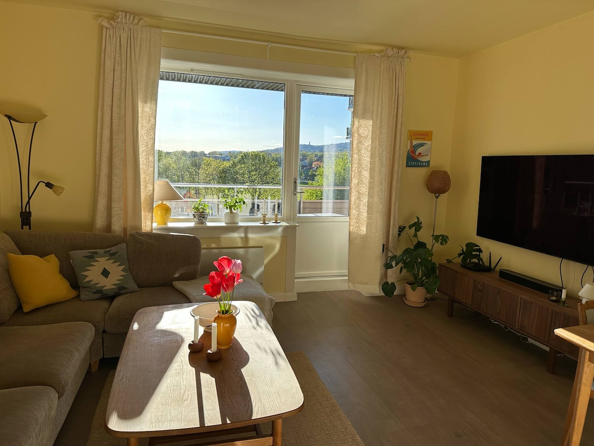 A bright living room features a comfortable sectional sofa adorned with decorative cushions. A wooden coffee table is placed centrally, complemented by a vase of red flowers. Large windows offer expansive views of the surrounding greenery, while a television and a small plant accentuate the space.