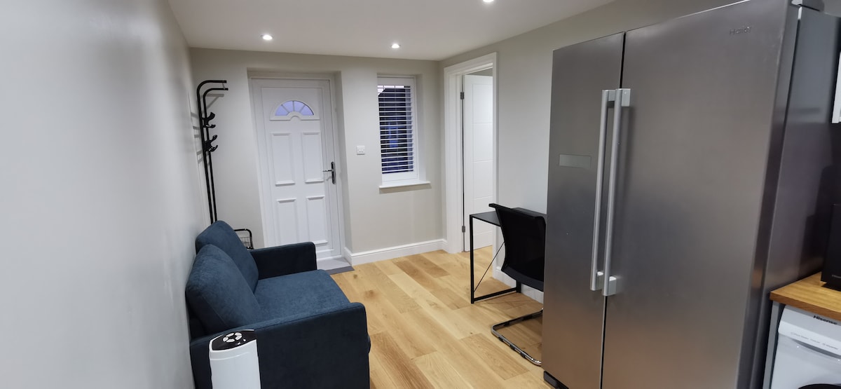 A spacious seating area features a dark blue sofa and a black chair, complemented by light wood flooring. A door and window provide natural light, while a sleek stainless-steel refrigerator is positioned near a kitchenette area, enhancing functionality.