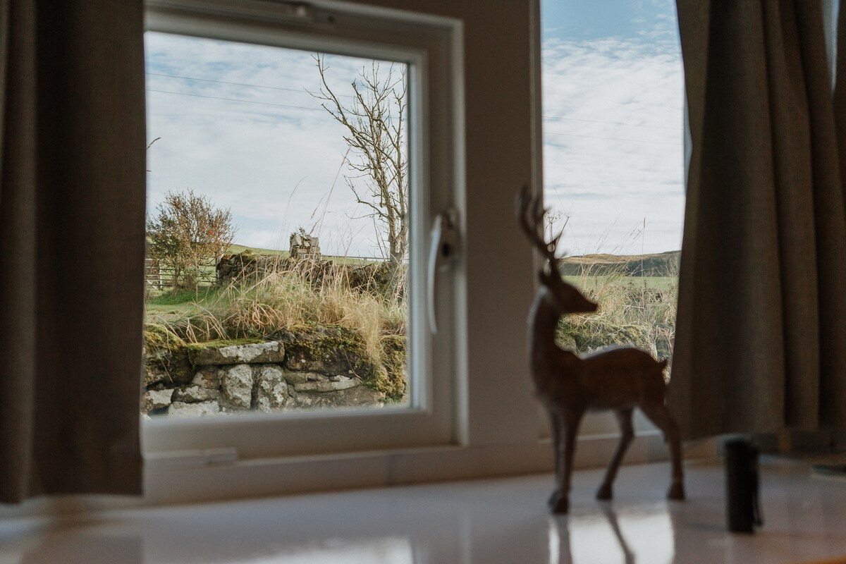 A decorative figure of a deer is positioned on a table in the foreground. The window offers a view of the grassy landscape and stone walls outside, with trees visible in the distance under a partly cloudy sky.