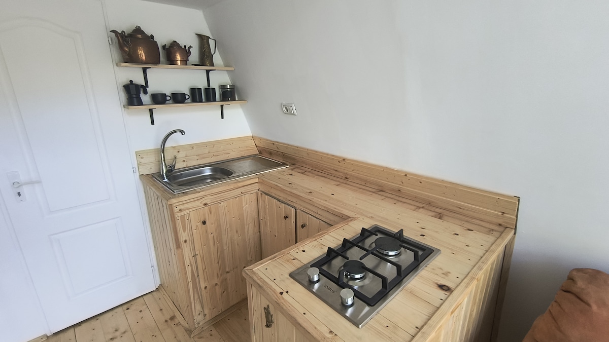 A functional kitchenette features wooden cabinetry and a stainless steel sink. A gas stove with three burners is situated on a counter, complemented by minimalistic black utensils arranged on a shelf above. The space offers a bright and clean environment for meal preparation.