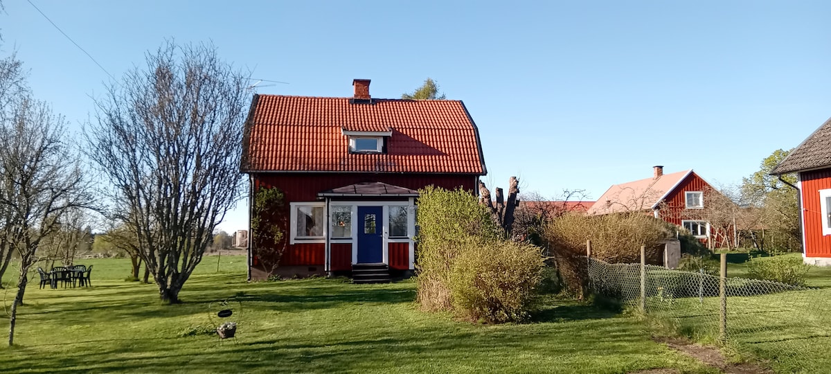 A charming red farmhouse with a distinctive tiled roof stands amidst lush greenery. The inviting entrance showcases double doors trimmed in blue. Surrounding trees and shrubs enhance the natural setting, while tables and chairs are situated on the lawn, suggesting a comfortable outdoor space.
