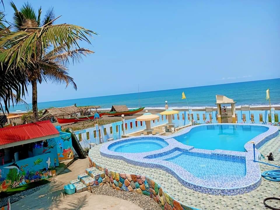 A refreshing swimming pool is seen with a unique shape, surrounded by colorful stonework and sun loungers. A beachfront area is visible in the background with gentle waves lapping at the shore, while vibrant palm trees provide shade nearby.
