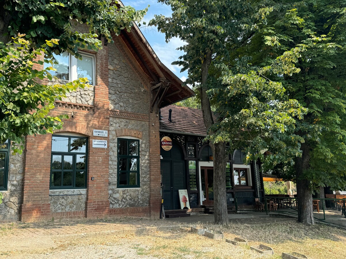 A charming building features a mix of stone and wood elements. Large windows allow for natural light, while surrounding trees provide shade. A sign hangs above the entrance, and outdoor seating can be seen nearby, creating a welcoming environment for guests.