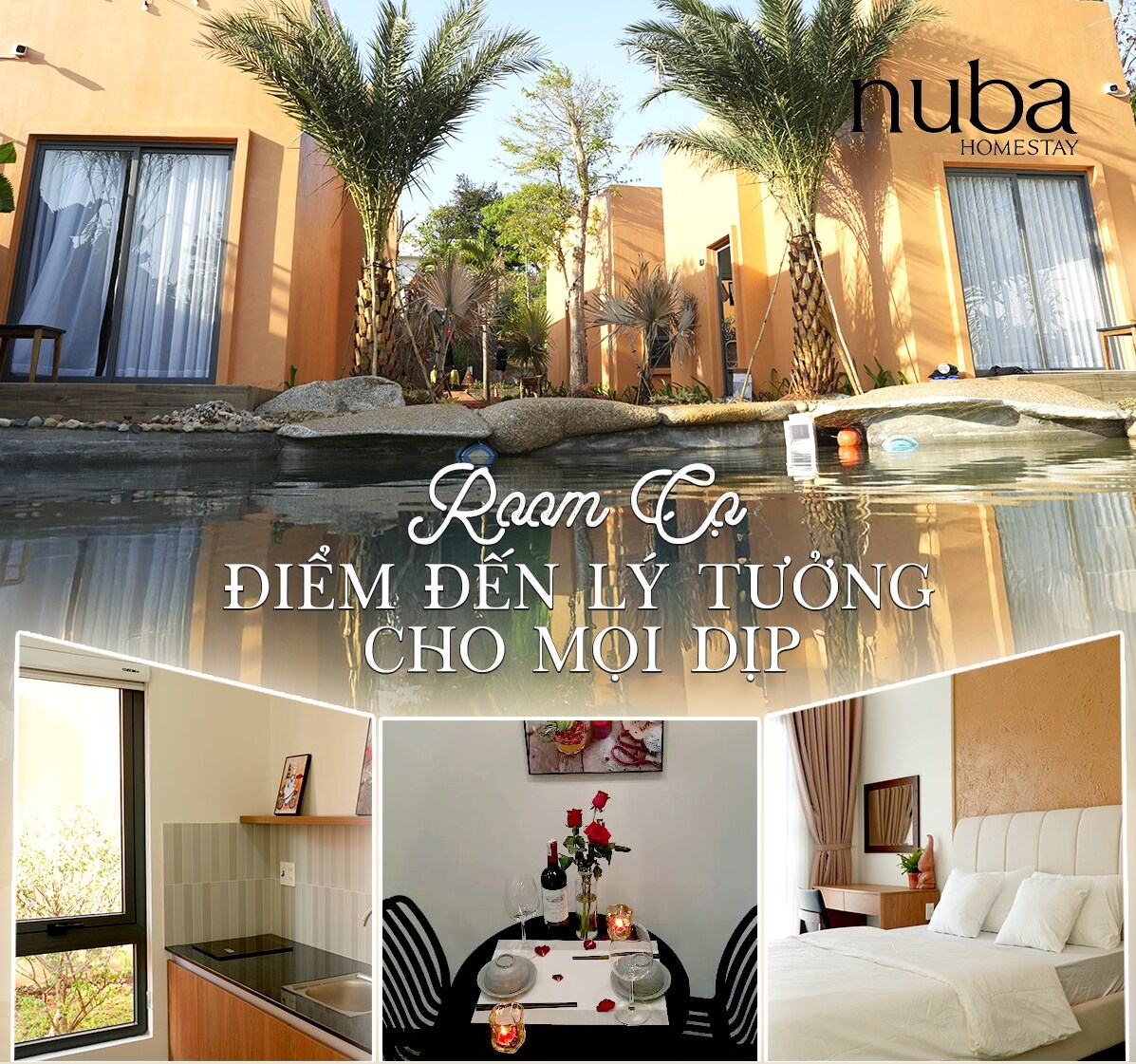 An inviting courtyard is surrounded by stylish accommodations, featuring lush palm trees and calm water reflections. The image highlights a well-appointed kitchen area with modern fixtures, a cozy dining setup adorned with candles, and a brightly colored sleeping space showcasing natural light through large windows.