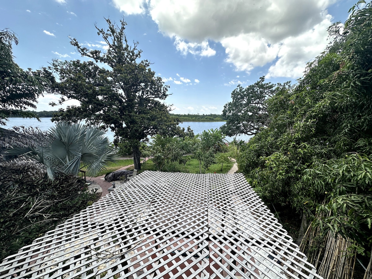 A wooden trellis is seen extending over lush greenery, leading the eye toward a tranquil waterfront view. Trees and plants frame the scene, with a bright sky dotted with clouds above. The natural surroundings create a serene outdoor setting.