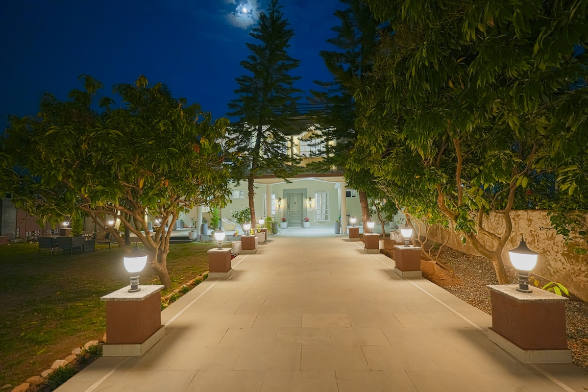 A pathway illuminated by soft lights leads to a well-designed entrance. Tall trees and carefully arranged landscaping create a serene atmosphere. The building features a welcoming facade, visible through the gentle glow of moonlight.