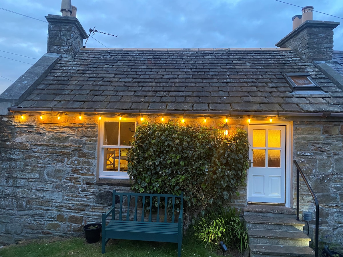 A quaint stone cottage is illuminated by warm string lights, highlighting the inviting entryway. The well-maintained garden features a green bench, while large windows allow glimpses of the interior. A staircase leads to the front door, framed by lush greenery and welcoming ambiance.
