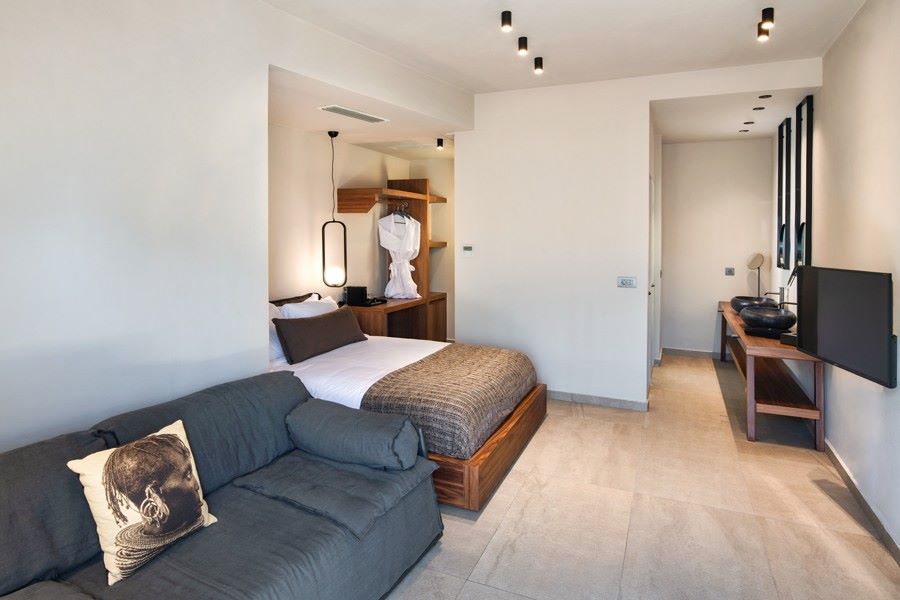 An open and contemporary junior suite features a spacious bed with neutral bedding. A comfortable gray sofa is positioned nearby, and wooden furnishings provide a natural contrast. Wall-mounted lighting adds subtle illumination, while a flat-screen television is placed on a modern console. Minimalist design elements create a welcoming feel.