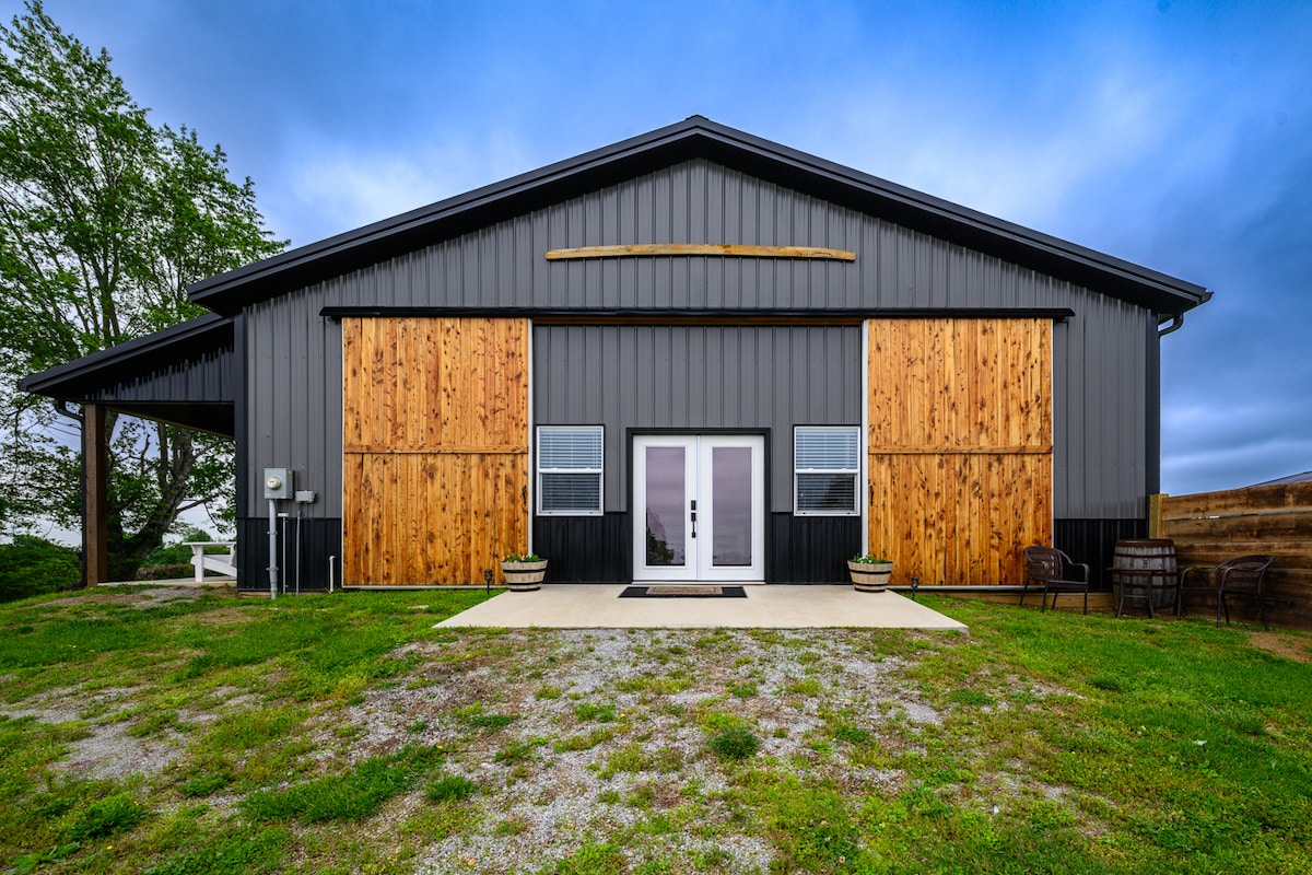 The exterior of the barn is displayed, featuring a black metal facade complemented by wooden accents. Double French doors are centered at the front, flanked by two windows. A concrete walkway leads to the entrance, bordered by green grass and decorative planters.