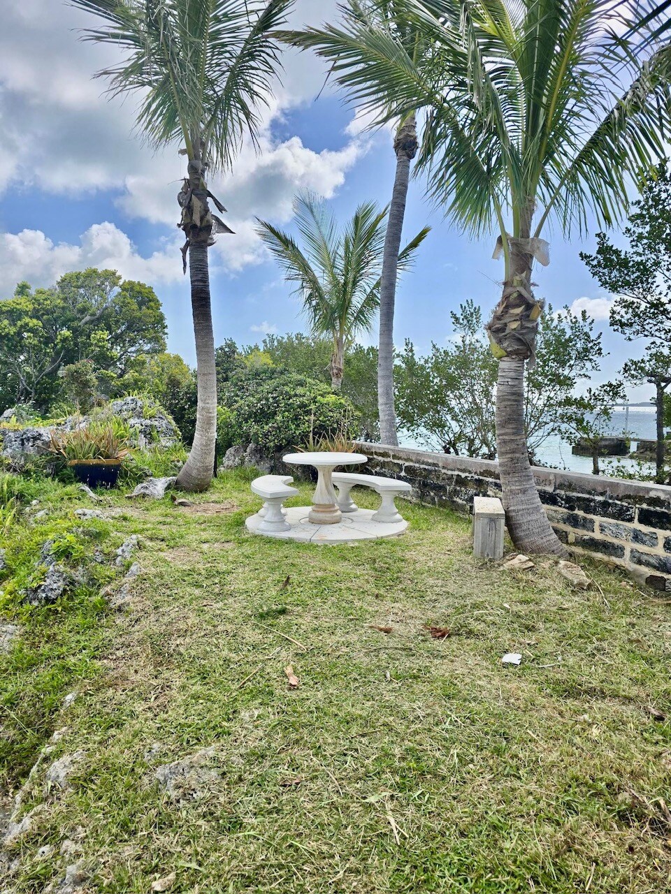 A serene outdoor seating area is featured with a white stone table and two matching stools. Palm trees provide shade, surrounded by greenery and a scenic view of the water in the background. Natural elements and soft grass enhance the tranquil setting.