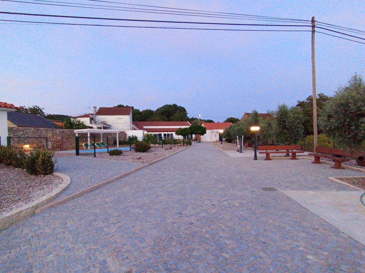 A paved pathway is flanked by neatly arranged greenery and light fixtures, leading towards residential buildings. A welcoming atmosphere is suggested by the layout, with hints of recreational areas visible in the distance. Trees line the edges, providing natural shade and enhancing the tranquility.