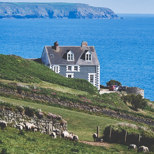 A coastal house is positioned on a grassy slope, overlooking the sea. Rolling hills and a stone wall surround the property, while sheep graze peacefully in the foreground. The distant cliffs are visible under a clear blue sky.