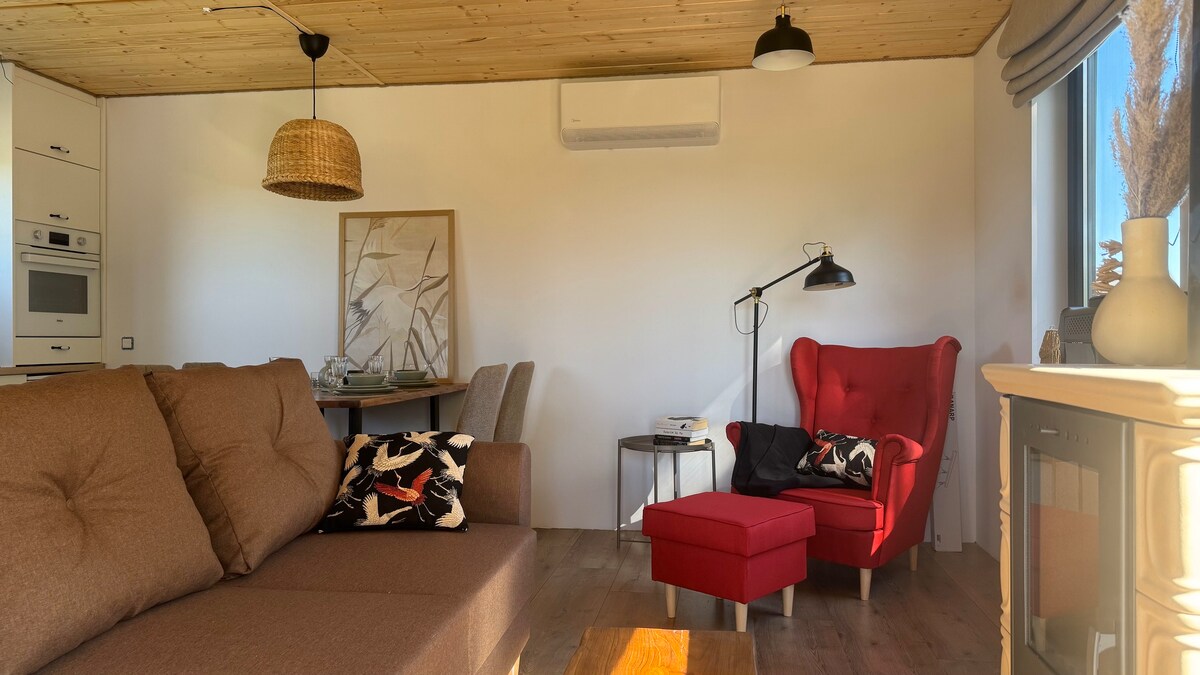 An inviting living area features a comfortable brown sofa adorned with patterned cushions. A red armchair complements the space, while a decorative pendant light hangs from the wooden ceiling. A small dining table with two chairs is visible in the background, enhancing the cozy atmosphere.