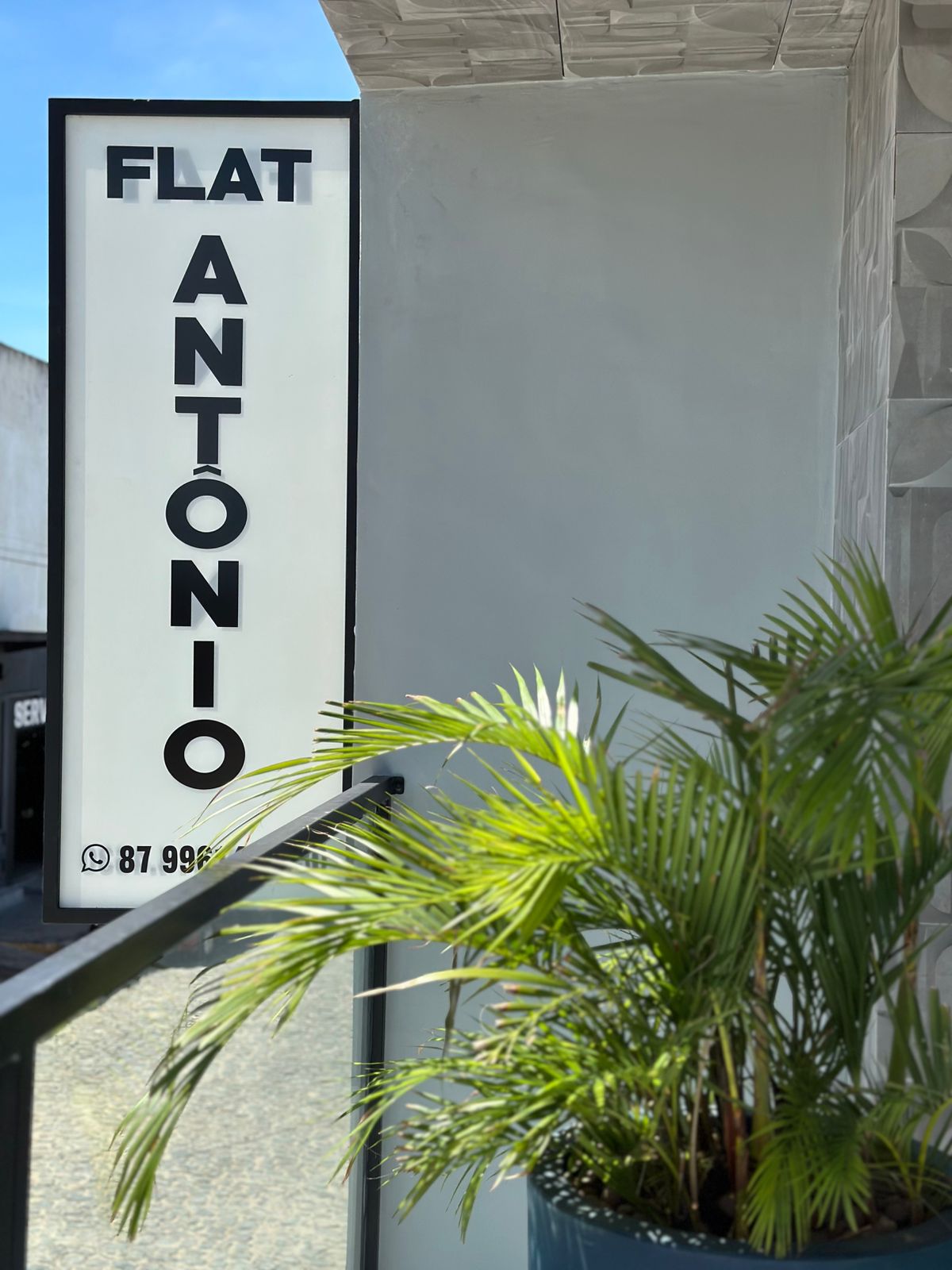 A stylish sign for 'Flat Antonio' is prominently displayed against a contemporary backdrop. A green plant in a modern pot adds a touch of nature, enhancing the clean lines of the building's exterior. Clear blue skies are visible in the background.