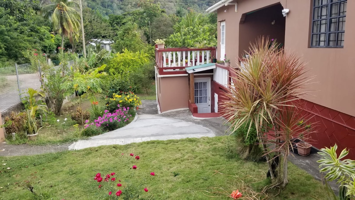 A well-maintained outdoor space is surrounded by lush greenery and vibrant flowerbeds. The pathway leads to a welcoming entrance, with a porch featuring railings visible in the background. A variety of tropical plants enhance the natural beauty of the area, creating a serene atmosphere.