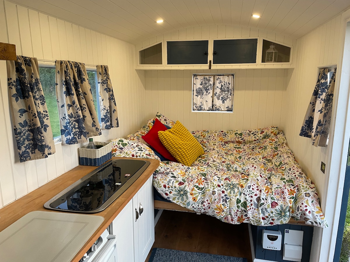 Ფართო, მაგრამ ოდნავ მოკლე ორადგილიანი საწოლი, რომელიც კედელში იკეცება, როცა არ გამოიყენება.