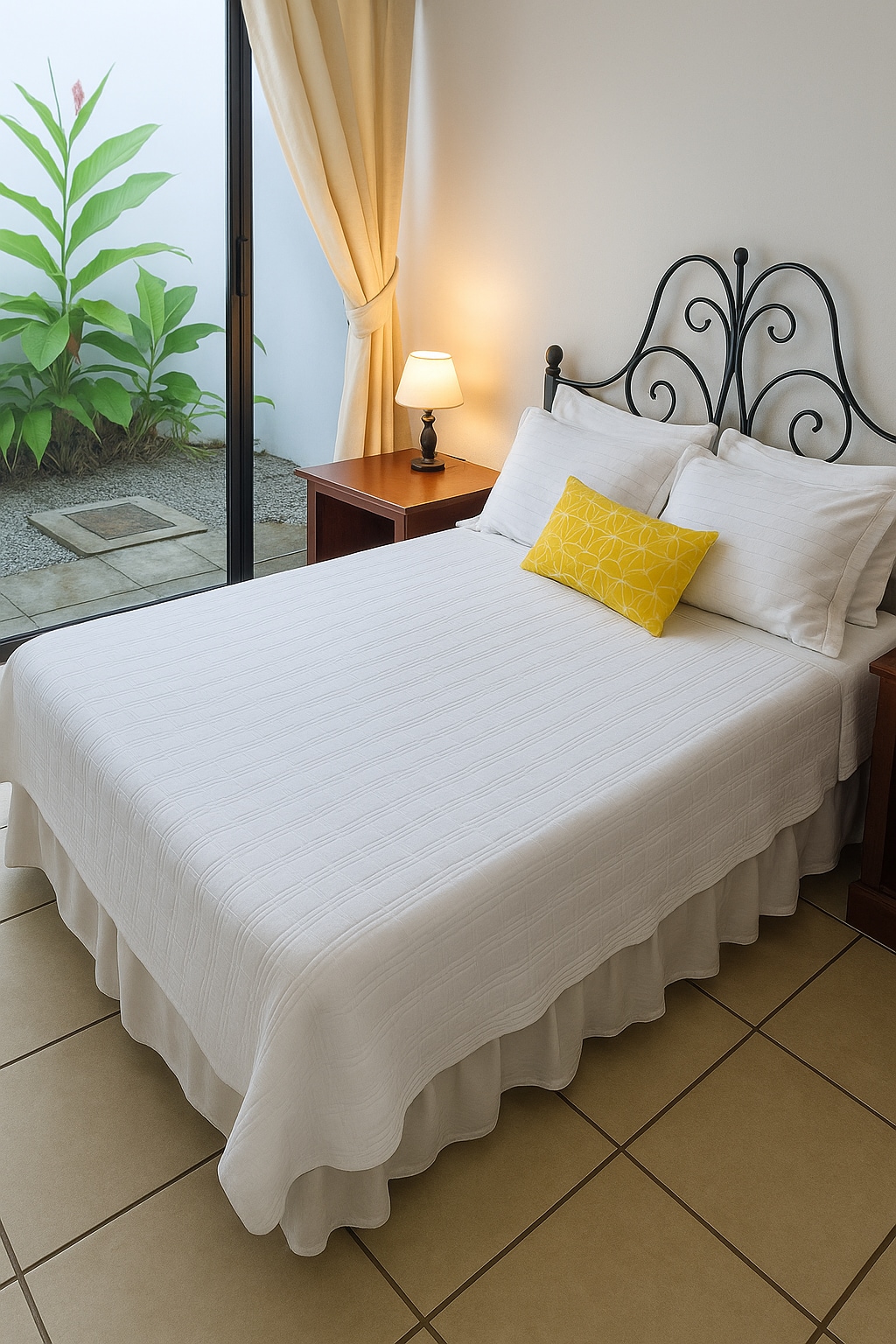 A comfortable guest room is highlighted by a spacious bed with a soft white coverlet. A bright yellow decorative pillow adds a pop of color. A lamp sits on a nightstand next to the bed, and a glass door reveals a small private patio with greenery.