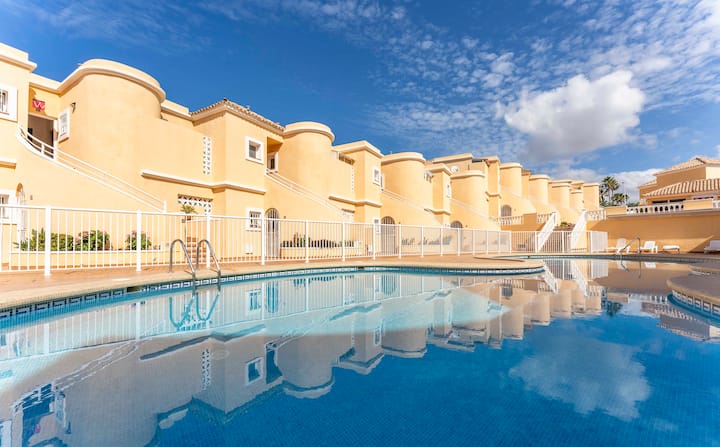 Pool area and apartment buildings