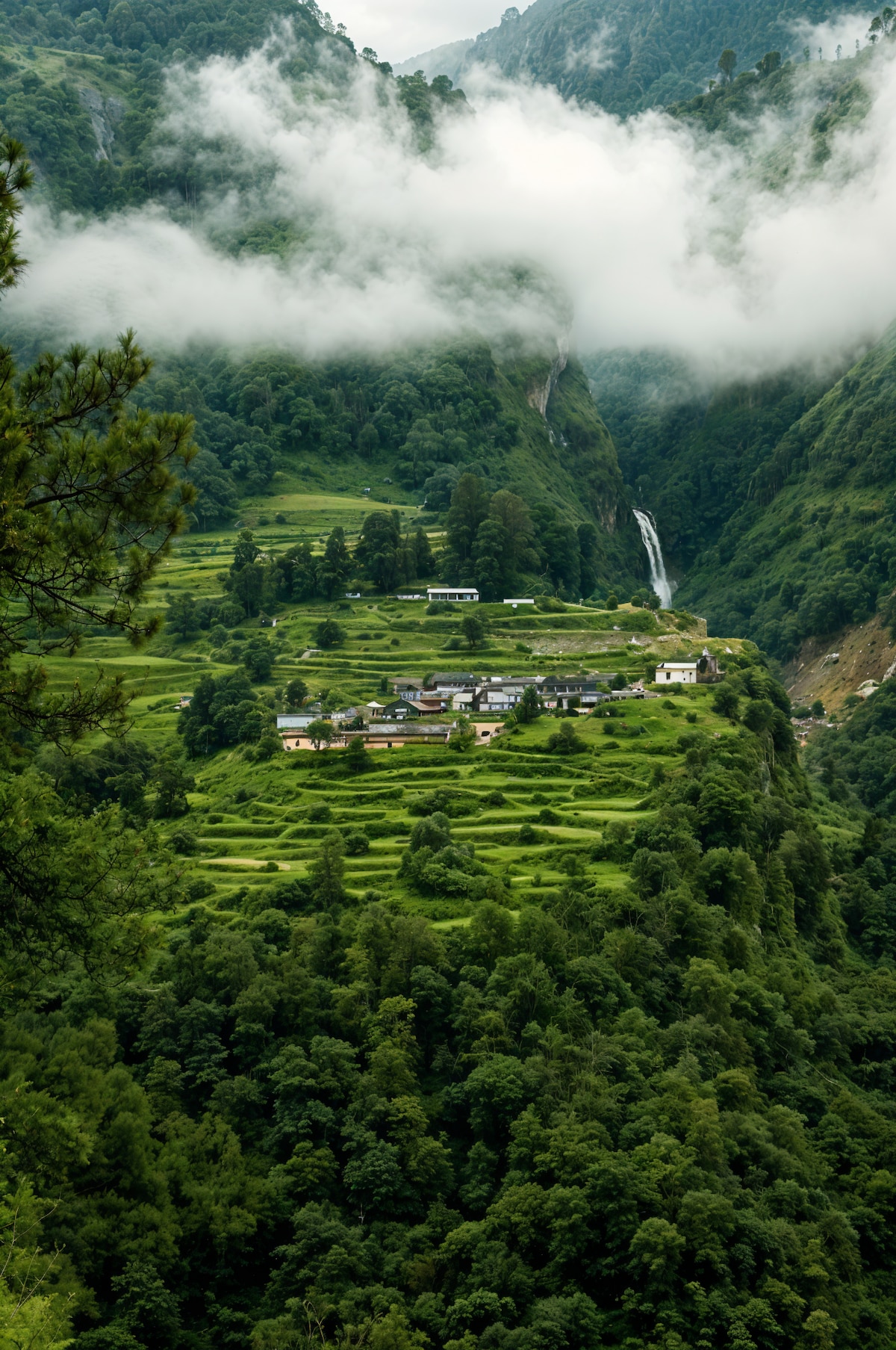 A serene view of rolling green terraced fields and quaint village homes nestled amidst lush forests. A cascading waterfall is visible in the distance, partially veiled by soft clouds, contributing to the tranquil ambiance of the mountainous landscape.