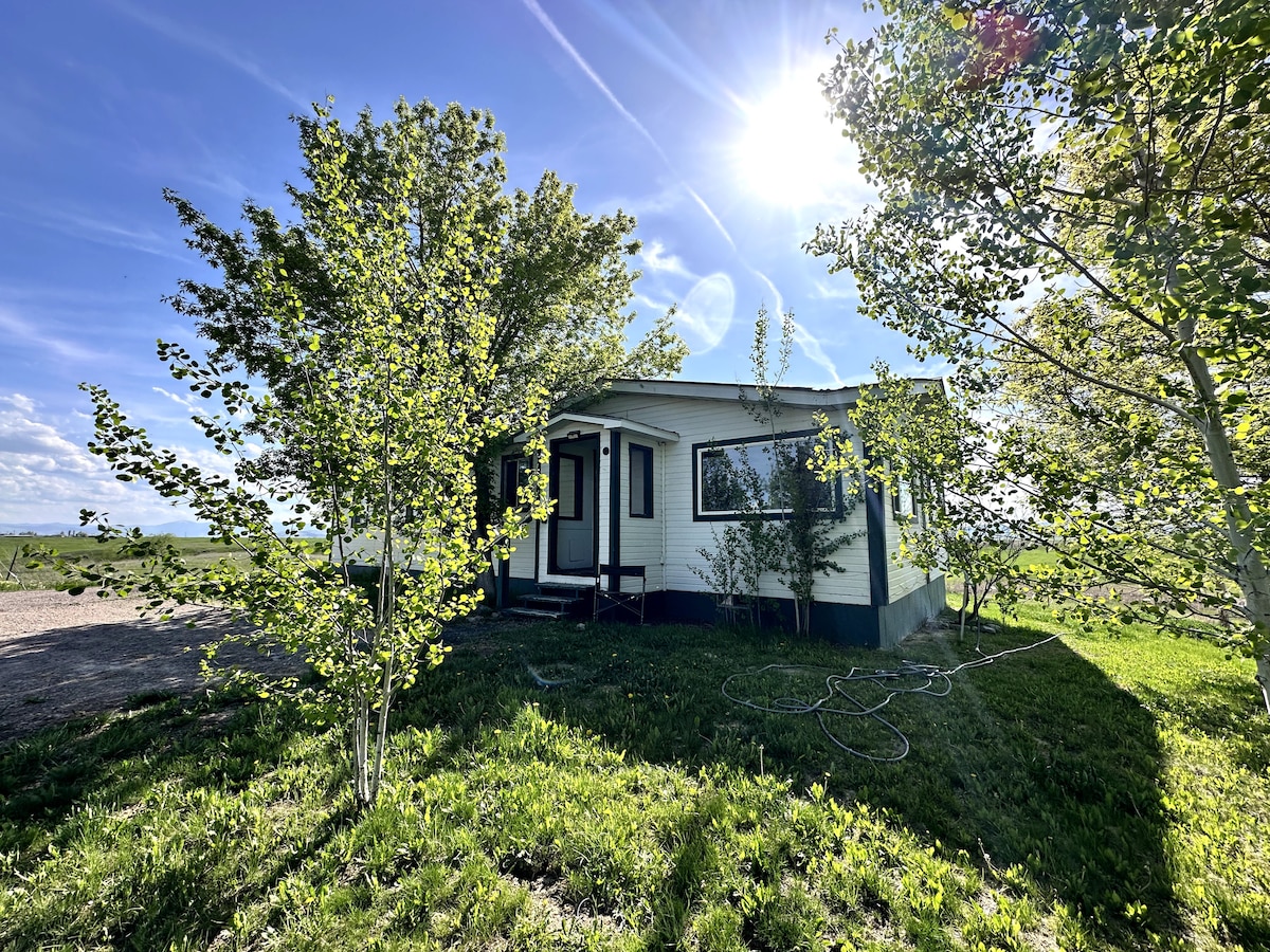 A single-story home is framed by young trees and grassy areas, with sunlight illuminating the exterior. The entrance features a covered porch leading into the house. The surrounding landscape shows open space and a clear blue sky.