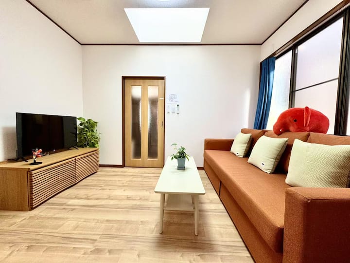 Cómodo y espacioso sofá cama doble con tragaluz, luz solar en la habitación durante el día.