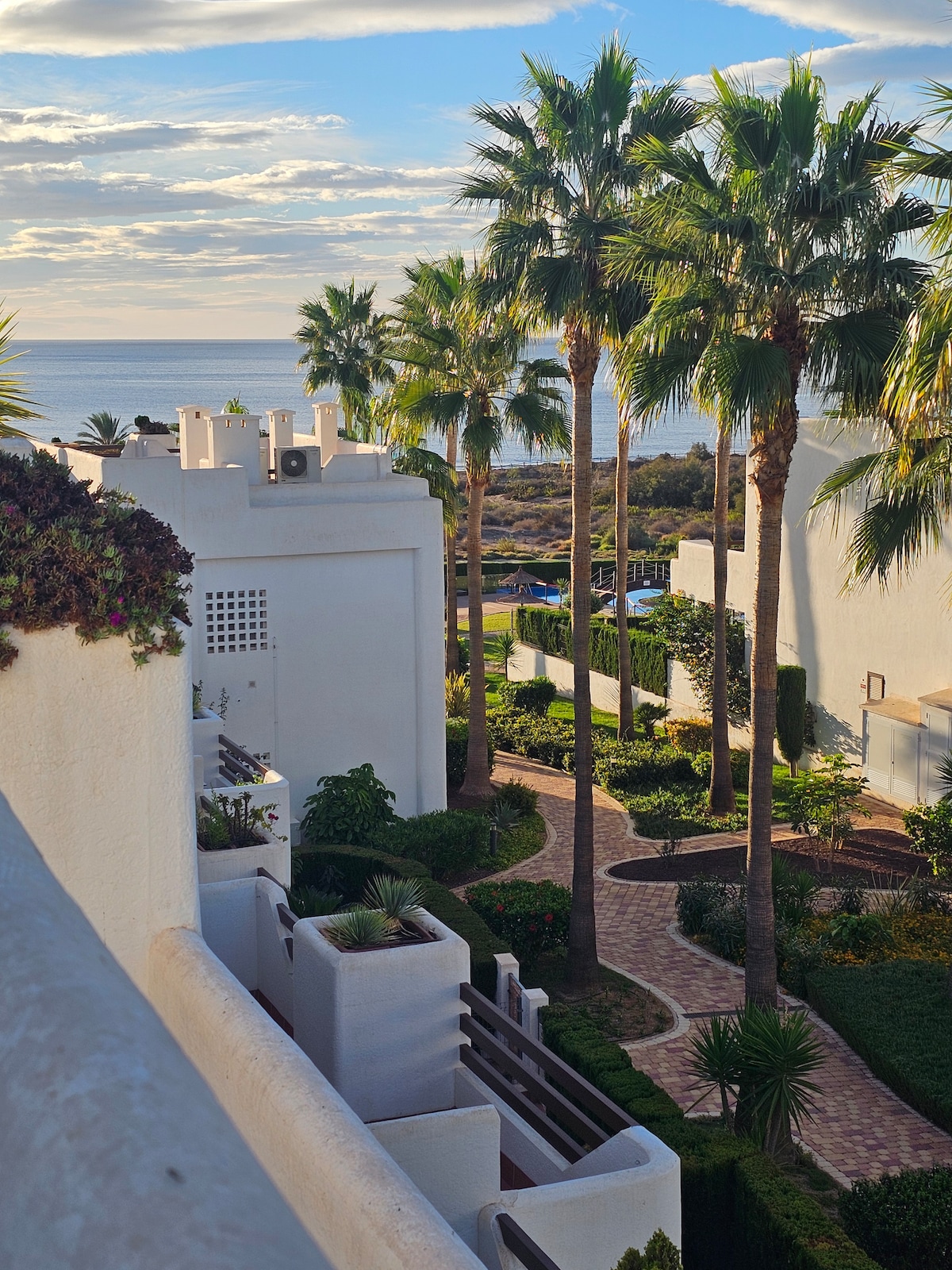The image depicts a view from a balcony, showcasing lush palm trees lining a well-maintained garden path. The white buildings of the complex are visible, with green foliage and blooming plants enhancing the natural setting. The sea is seen in the background under a partly cloudy sky.